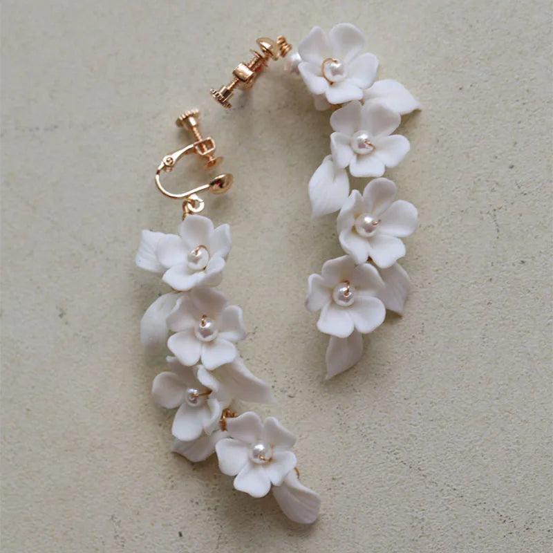 Crystal Rhinestones Porcelain Flower Pearls Bridal Earrings
