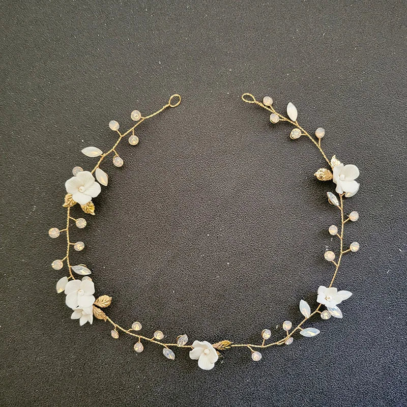 Opal Crystal Rhinestones Ceramic Flower Bridal Headband for Wedding