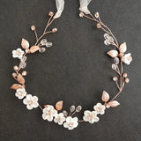 Rose Alloy Leaf Rhinestone Ceramic Flower Bridal Hair Vine