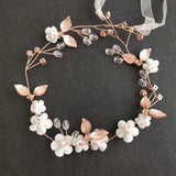 Rose Alloy Leaf Rhinestone Ceramic Flower Bridal Hair Vine