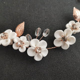 Rose Alloy Leaf Rhinestone Ceramic Flower Bridal Hair Vine