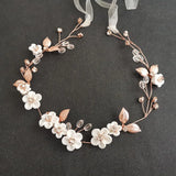 Rose Alloy Leaf Rhinestone Ceramic Flower Bridal Hair Vine