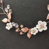 Rose Alloy Leaf Rhinestone Ceramic Flower Bridal Hair Vine