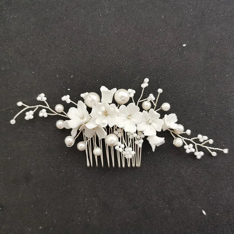 Simulated Pearls Ceram Flower Bridal Hair Comb Wedding Headdress Hair Accessoies