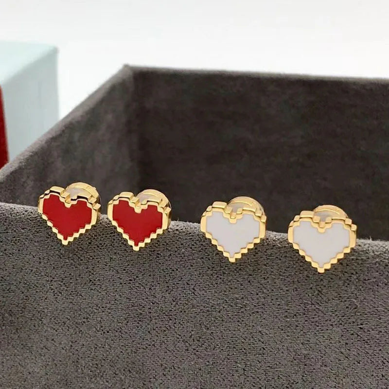 925 Sterling Silver Pixel Love Heart Stud Earrings