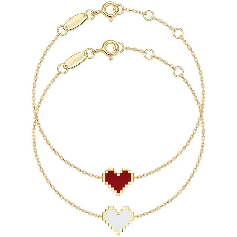 925 Silver Yellow Red Pixel Love Heart Bracelet Women Fine Jewelry