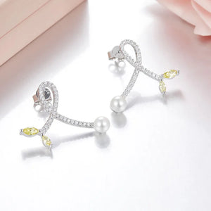 925 Silver Pearl Leaf Earrings CZ Crystal Wedding Party Jewelry