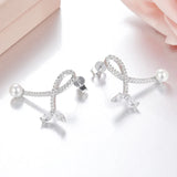 925 Silver Pearl Leaf Earrings CZ Crystal Wedding Party Jewelry