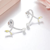 925 Silver Pearl Leaf Earrings CZ Crystal Wedding Party Jewelry