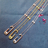 925 Silver Pink Safety Pin Pendant Necklace with Zirconia for Women