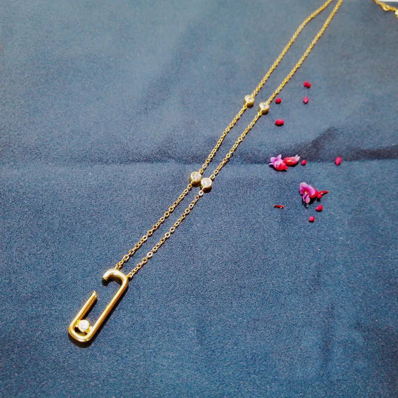 925 Silver Pink Safety Pin Pendant Necklace with Zirconia for Women