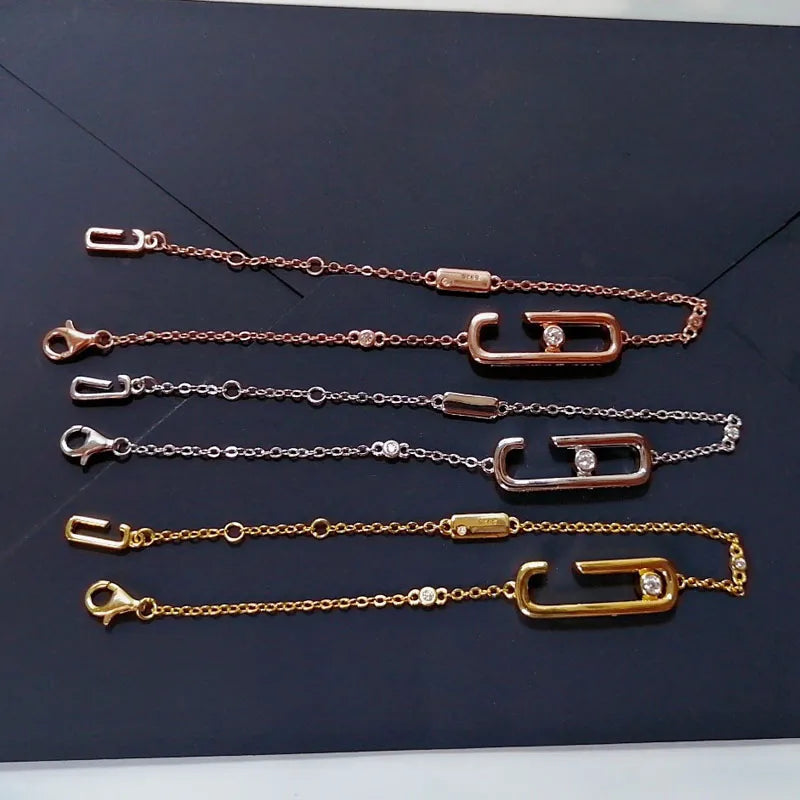 925 Silver Safety Pin Bracelet with Zircon Rose Bead in 3 Colors