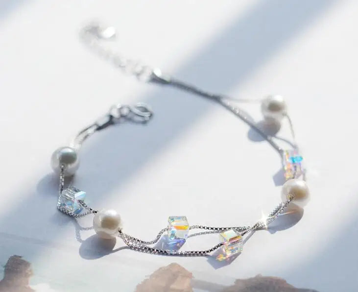 925 Silver Double Row Shell Pearl Bracelet