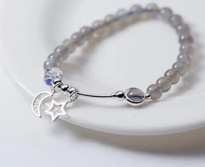 Real 925 Sterling Silver MoonSTONE Moon & Star Charms Bracelet