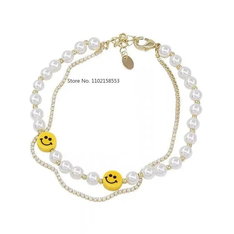 Retro Pearl Smiley Double Bracelet Female Personality