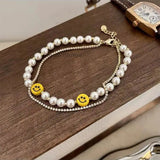 Retro Pearl Smiley Double Bracelet Female Personality