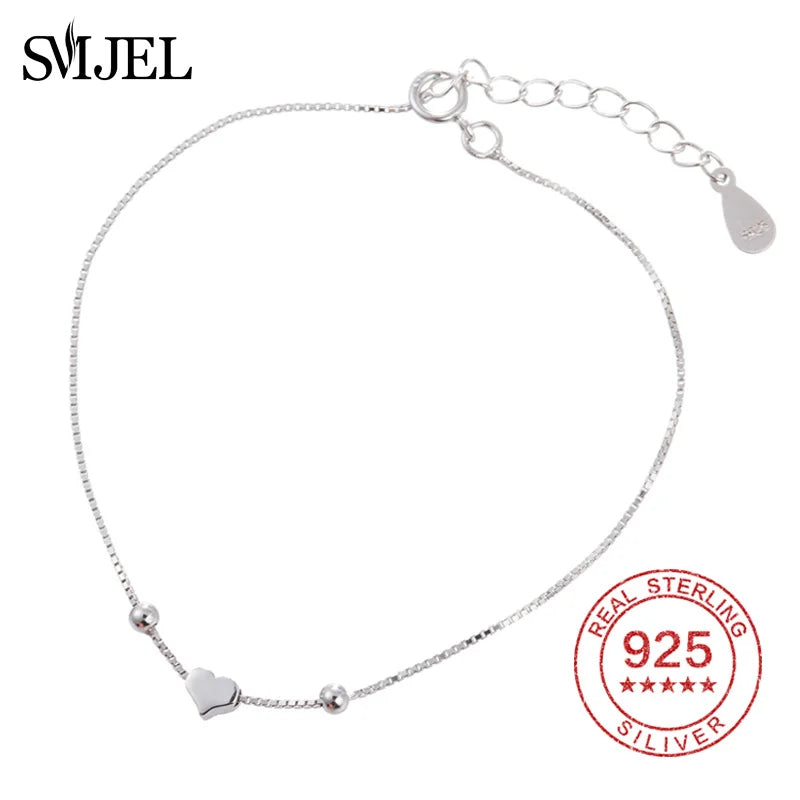 925 Silver Bracelet Tiny Heart Bead Charm Link Chain Bangles & Bracelets