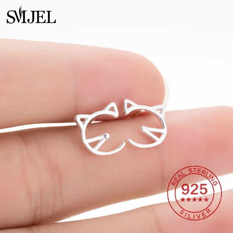 Silver 925 Cat Earrings for Women Kids Hollow Cat Stud Earrings
