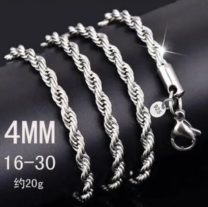 925 Silver 4mm Twisted Rope Chain Necklace For Wedding Jewelry