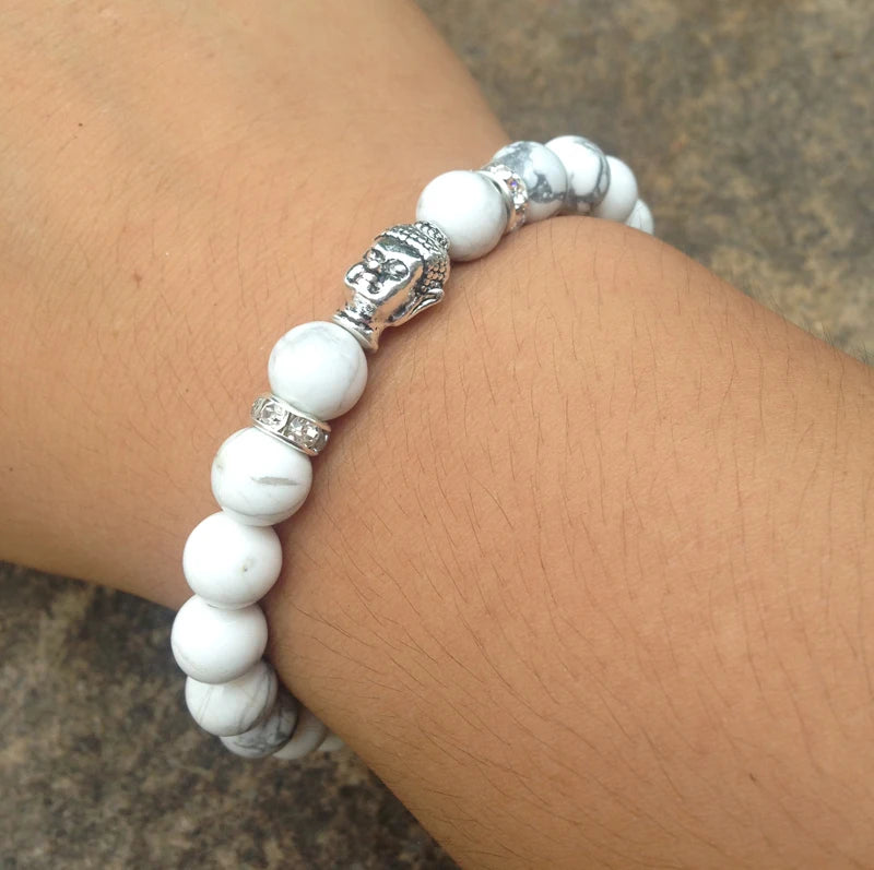 Men Buddha Yoga Bracelet Howlite Beads Stone Bracelet Silver Plated