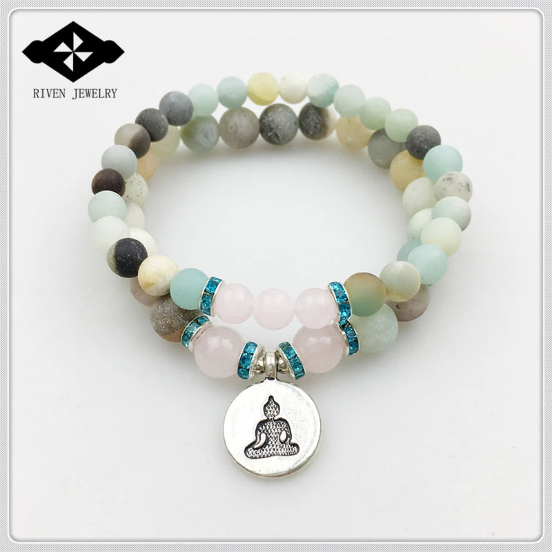 Natural Matte Amazonite Rose Stone Stretch Bracelet Set