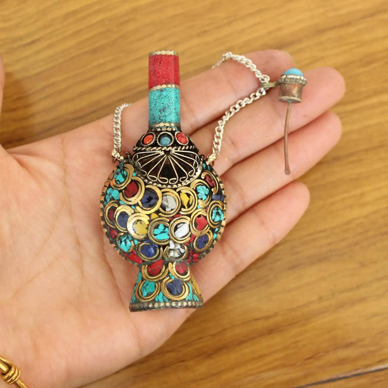 Vintage Tibetan Nepal Brass Turquoise Large Snuff Bottle