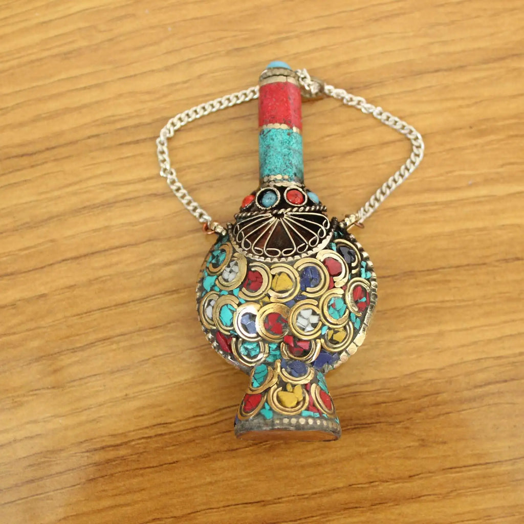 Vintage Tibetan Nepal Brass Turquoise Large Snuff Bottle