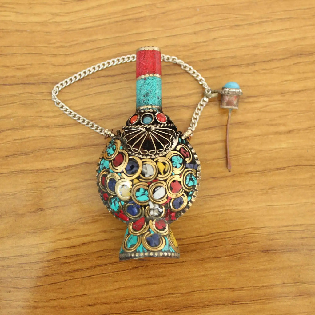 Vintage Tibetan Nepal Brass Turquoise Large Snuff Bottle