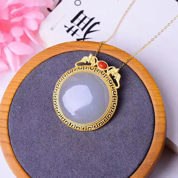 Silver Hetian Cyan/White Jade Pendant Necklace Retro Golden Bat Jewelry