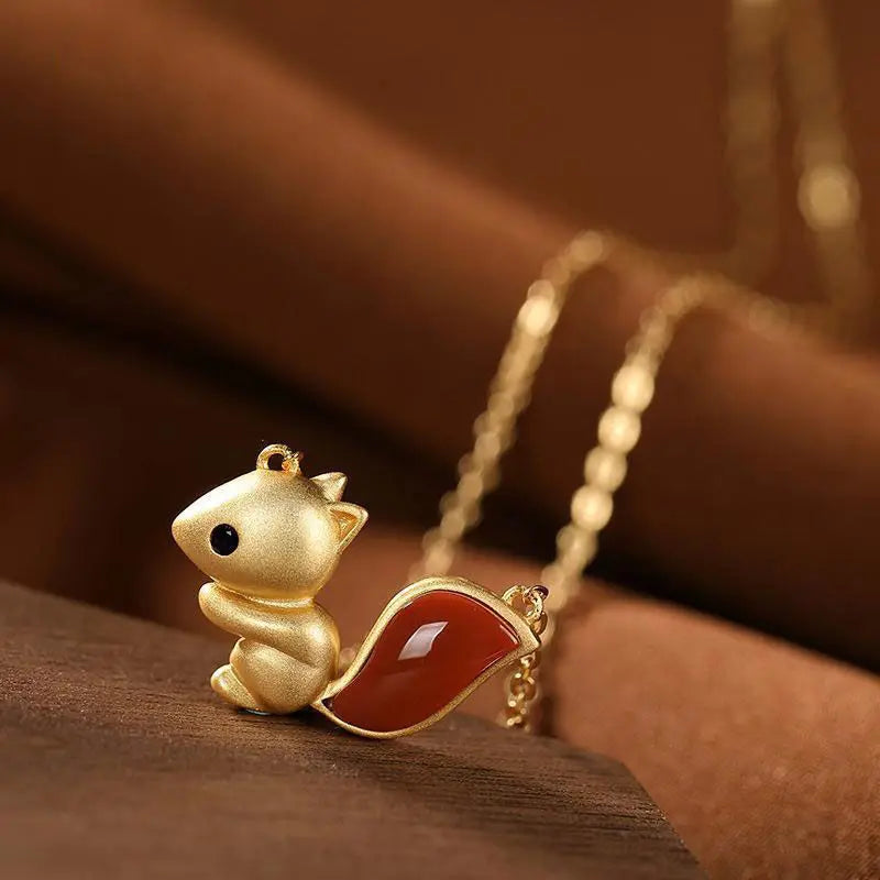 Natural Enamel Agate Pendant Necklace with Squirrel Charm