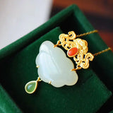 Silver Inlaid Pendant Natural Hetian Jade Butterfly Ruyi Lock Necklace