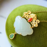 Silver Inlaid Pendant Natural Hetian Jade Butterfly Ruyi Lock Necklace