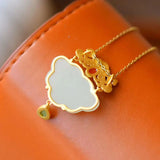 Silver Inlaid Pendant Natural Hetian Jade Butterfly Ruyi Lock Necklace