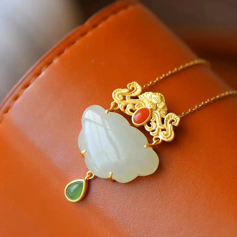 Silver Inlaid Pendant Natural Hetian Jade Butterfly Ruyi Lock Necklace