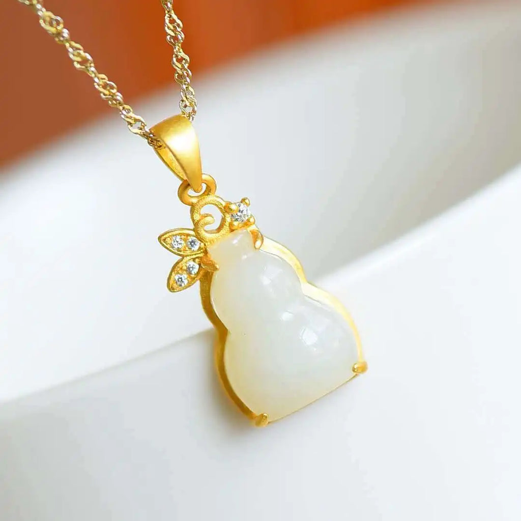 Vintage Silver Hetian Jade Gourd Pendant Necklace