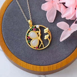 Silver Natural Hotan Jade Zircon Pearl Butterfly Fairy Pendant Necklace