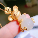 Silver Charm Mouse Pendant Necklace with Hetian Chalcedony Women Wedding Jewelry