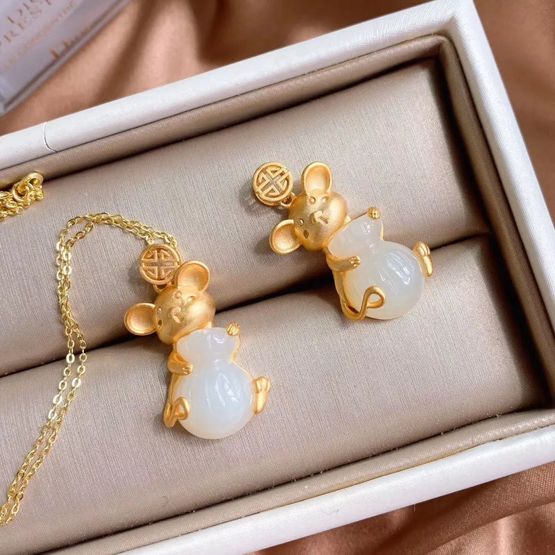 Silver Charm Mouse Pendant Necklace with Hetian Chalcedony Women Wedding Jewelry