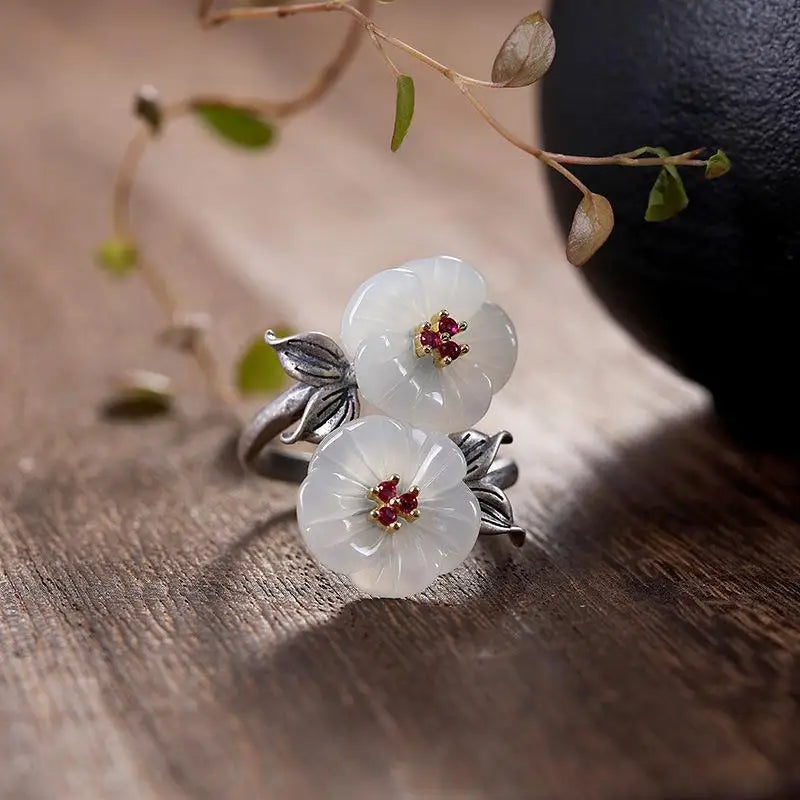 Silver Inlaid Hetian Jade Ancient Flowers Retro Chinese Ladies Ring