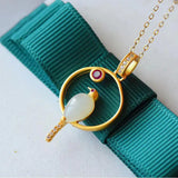 Hetian Chalcedony Charm Pendant Necklace with Silver Inlay