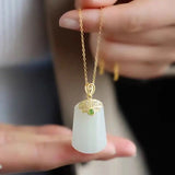 Silver Inlaid Hetian Chalcedony Necklace Pendant Retro Women Birthday Gift