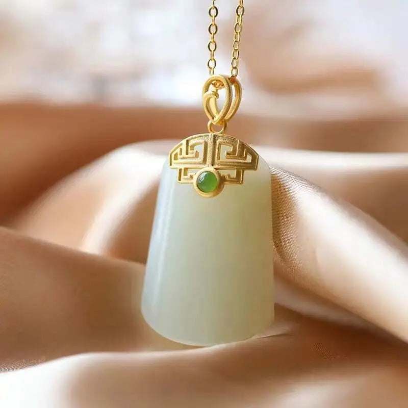 Silver Inlaid Hetian Chalcedony Necklace Pendant Retro Women Birthday Gift