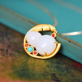 Silver Inlaid Hetian Chalcedony Pendant Necklace Chinese Craft Gourd Jewelry