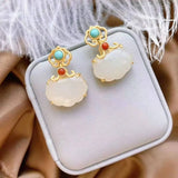 Silver Inlaid Hetian Jade Ruyi Purse Earrings