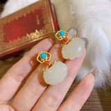 Silver Inlaid Hetian Jade Ruyi Purse Earrings