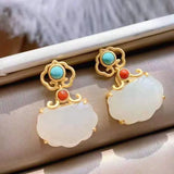 Silver Inlaid Hetian Jade Ruyi Purse Earrings