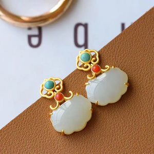 Silver Inlaid Hetian Jade Ruyi Purse Earrings