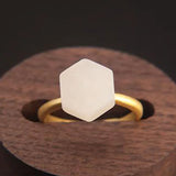 Silver Inlaid Hetian Jade Ring Geometric Shape Retro Women's Opening Adjustable