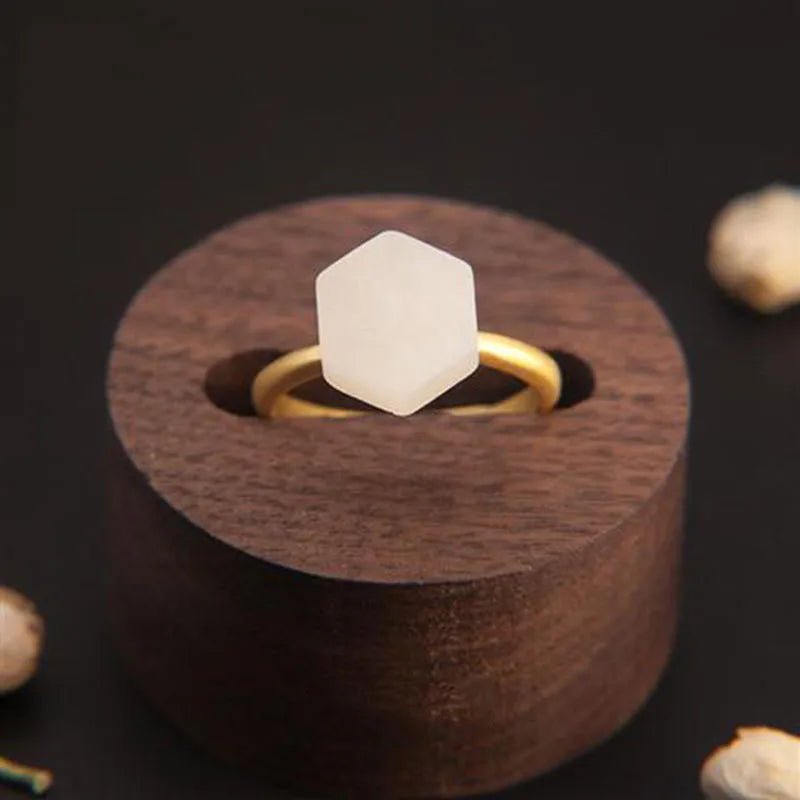 Silver Inlaid Hetian Jade Ring Geometric Shape Retro Women's Opening Adjustable