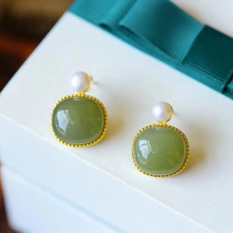 Silver Hetian Sapphire Earrings with Pearl Accent